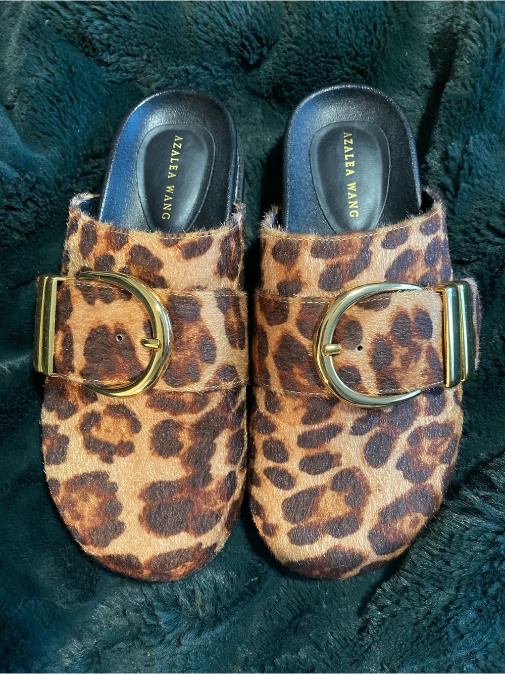 Azalea Wang Leopard-Print Haircalf Mules with Gold Buckle